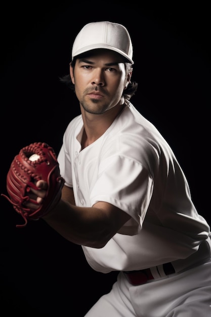 Retrato de un jugador de béisbol a punto de lanzar la pelota creado con inteligencia artificial generativa