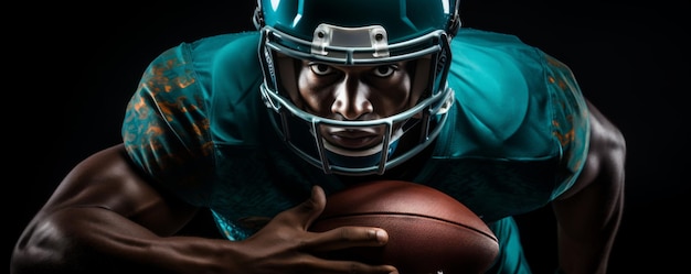 Retrato de un jugador de fútbol americano en equipo deportivo en un estudio oscuro