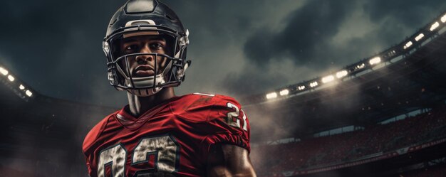 Retrato de un jugador de fútbol americano en un estadio deportivo profesional