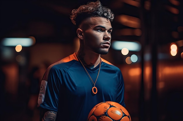 Retrato de un jugador de fútbol de pie en la ciudad por la noche