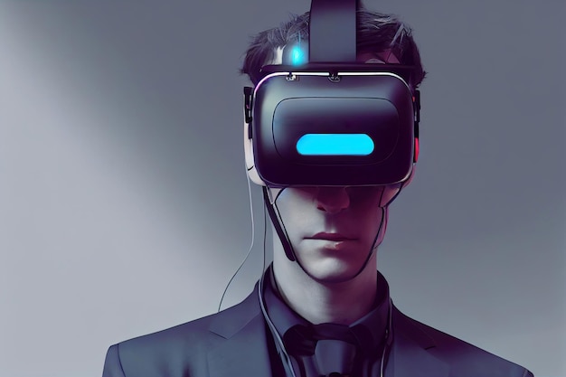 Retrato de un jugador futurista con gafas vr Un hombre de alta tecnología del futuro El concepto de realidad virtual Ilustración 3D
