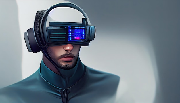 Retrato de un jugador futurista con gafas vr Un hombre de alta tecnología del futuro El concepto de realidad virtual Ilustración 3D