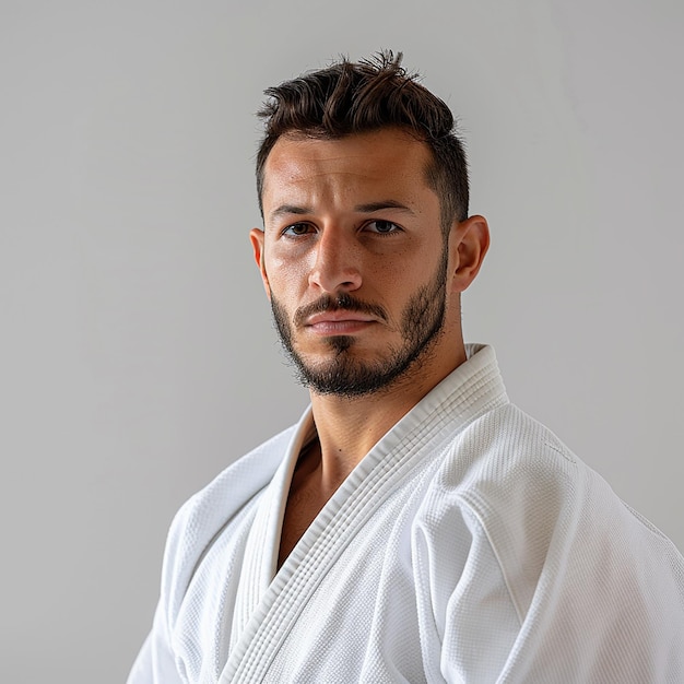 El retrato del jugador de judo en la arena blanca