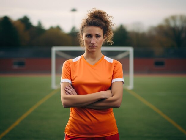 Foto retrato de una jugadora de fútbol femenino en una camiseta de fútbol de tamaño paisaje