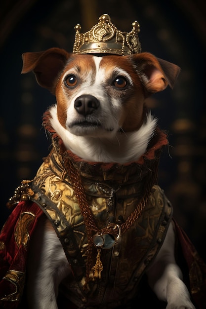 Foto retrato de un juguetón jack russell terrier con un traje de bromista de carácter antropomórfico