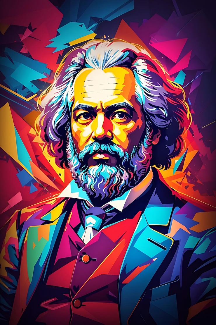 Un retrato de Karl Marx renderizado en un estilo clásico con un toque de modernidad