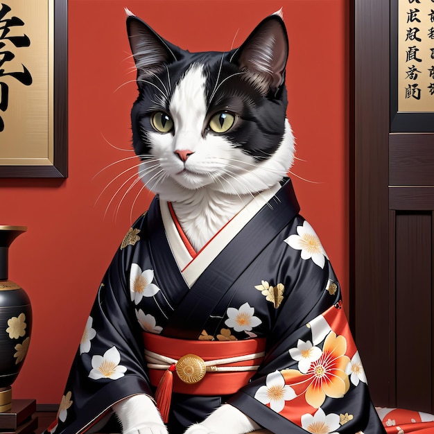 Retrato Kawaii de um gato em um kimono