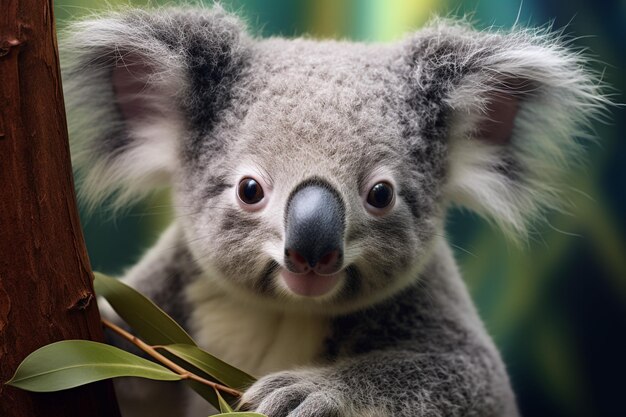 Retrato de un koala en un árbol de eucalipto