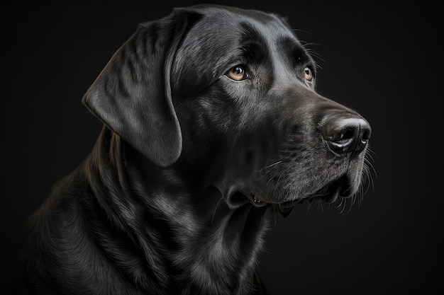 Retrato de un Labrador Retriever negro adoptado en un estilo discreto con un fondo negro
