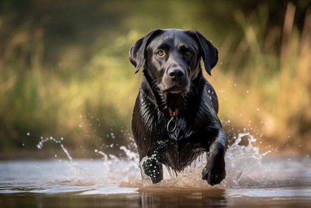 Retrato de un labrador retriever negro corriendo en el agua en verano IA generativa