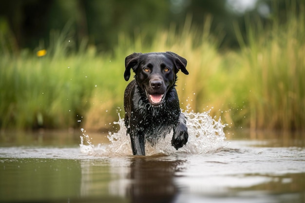 Retrato de un labrador retriever negro corriendo en el agua en verano IA generativa