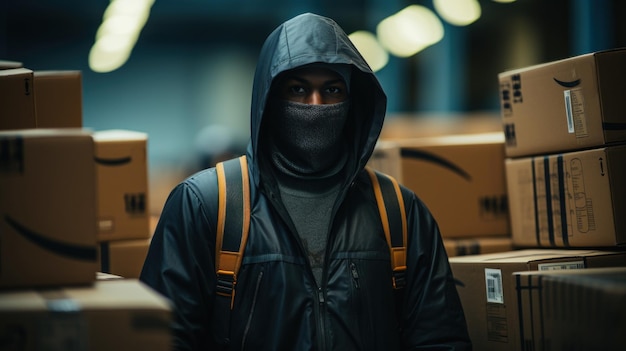 Foto retrato de un ladrón con una máscara en un almacén ia generativa