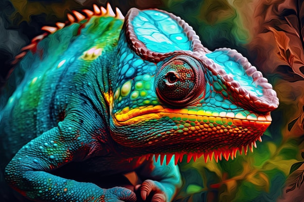 Retrato de un lagarto camaleón colorido increíblemente lindo Lagarto salvaje exótico o reptil IA generativa