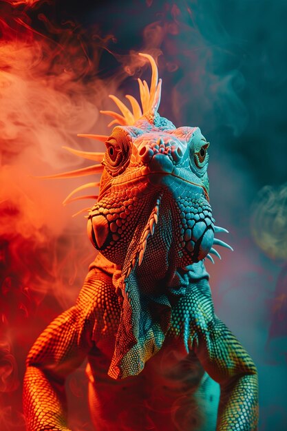 Retrato de lagarto en humo azul y rojo