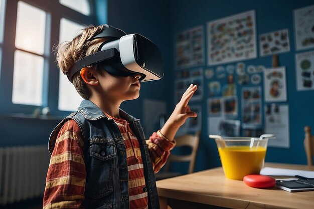 Retrato lateral de um menino usando fone de ouvido VR e estendendo a mão enquanto testa tecnologia aumentada no espaço de cópia do laboratório da escola