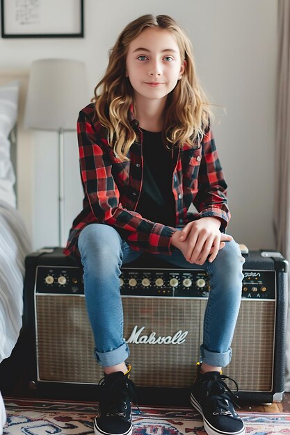 Foto retrato lateral de uma adolescente sentada em um amplificador de guitarra