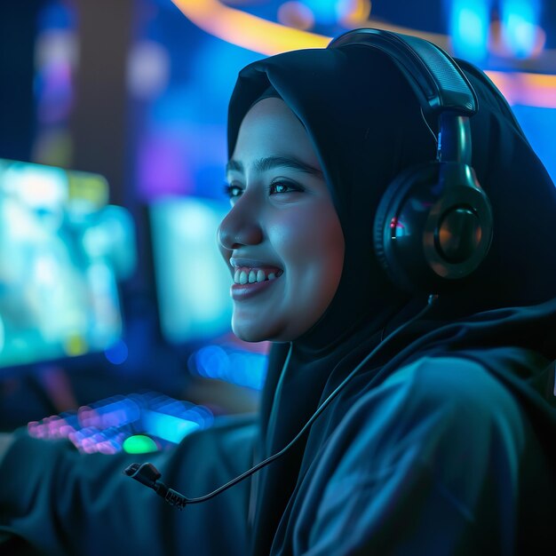 Retrato lateral de uma jovem muçulmana jogando o jogo Ai generative