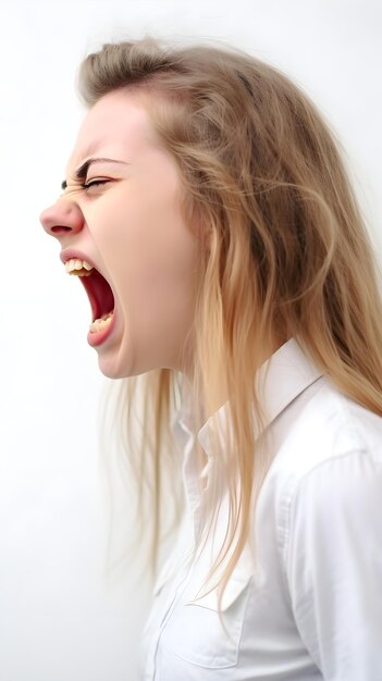 Retrato lateral de uma jovem mulher branca gritando alto em um fundo branco