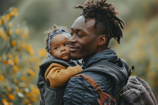 Retrato lateral em close-up de um jovem negro com um bebê em um carrinho de canguru ao ar livre africano feliz