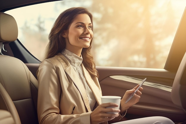 retrato lateral de una hermosa mujer exitosa sonriente dentro de un coche con asiento de cuero de color crema