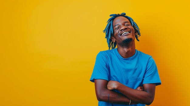 Retrato lateral de un joven africano con pañuelos en la camisa mirando directamente contra el fondo amarillo del estudio