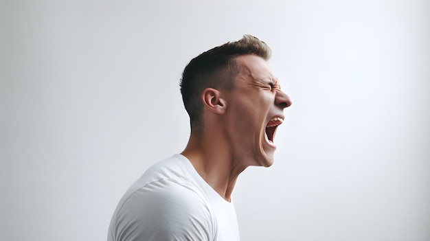 Foto retrato lateral de un joven blanco gritando en voz alta sobre un fondo blanco