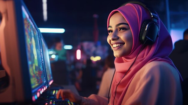 Retrato lateral de una joven musulmana jugando videojuegos en un club de ciberdeportivos y sonriendo felizmente