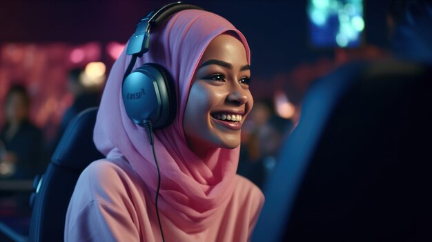 Retrato lateral de una joven musulmana jugando videojuegos en un club de ciberdeportivos y sonriendo felizmente