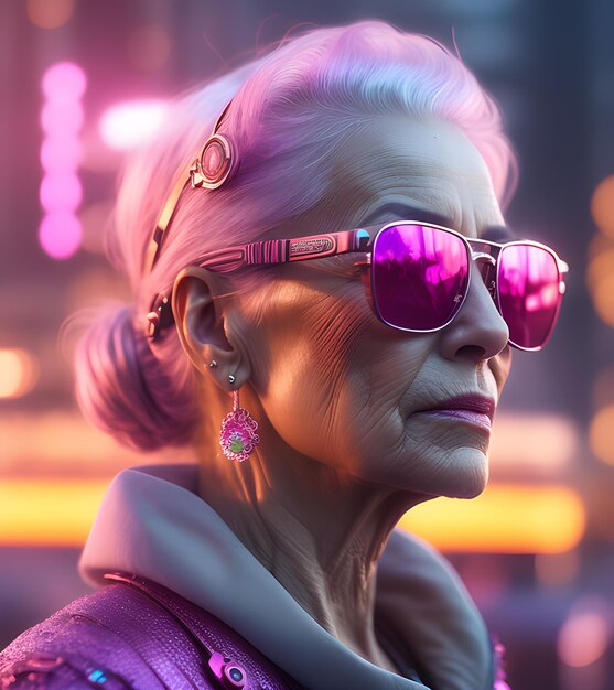 un retrato lateral de una mujer anciana con un estilo de cabello rosado con gafas de sol de espejo rosado