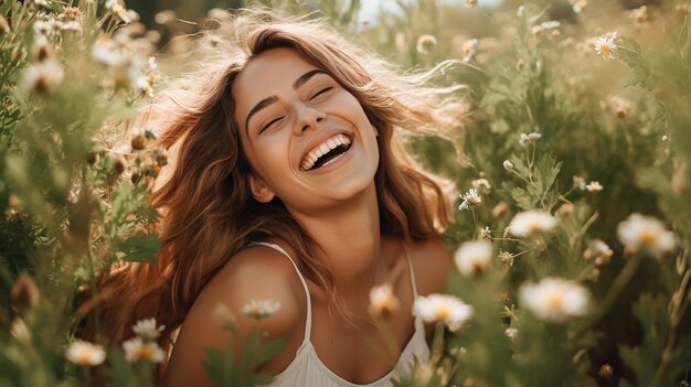 Foto retrato lateral de una mujer feliz y sonriente