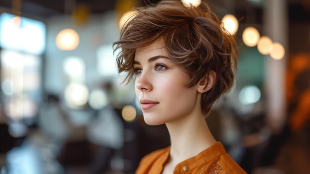 Retrato lateral en primer plano de una joven caucásica con un elegante corte de pelo corto, una hermosa chica de cabello castaño con maquillaje perfecto y apariencia encantadora, diversidad en la moda.