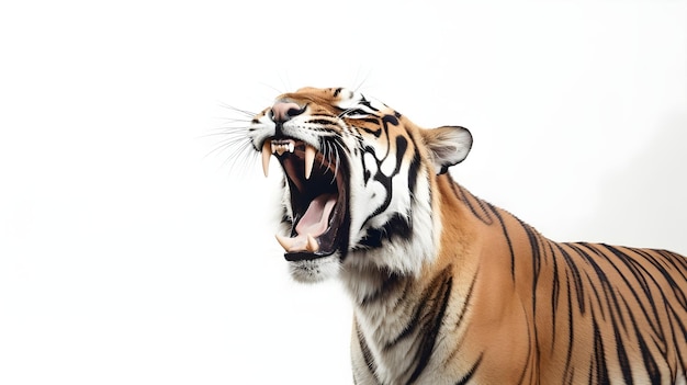 Foto retrato lateral de un tigre macho rugiendo en voz alta sobre un fondo blanco