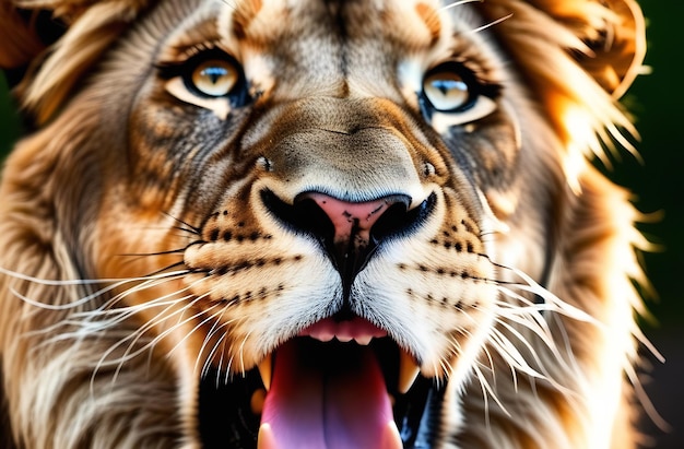 Retrato de un león con la boca abierta en un safari de primer plano