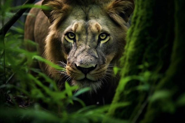 Foto retrato de un león en el bosque escena de vida silvestre de áfrica