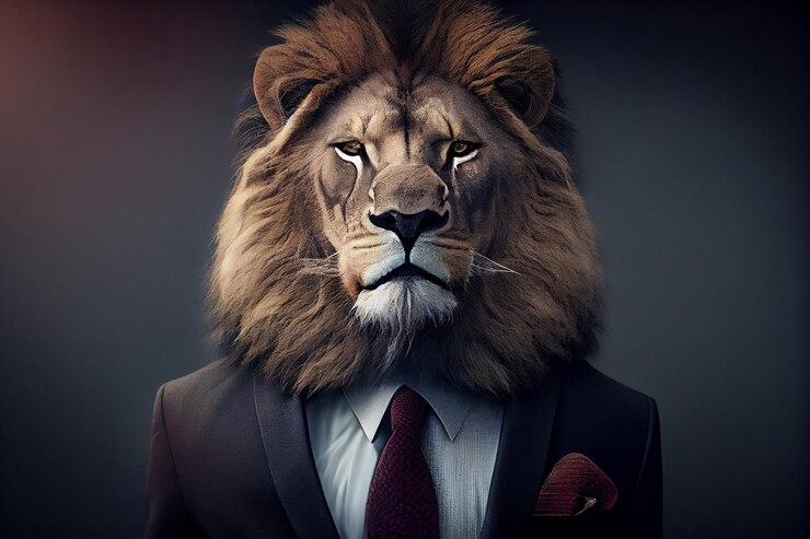 retrato, de, un, león, con, un, corona, vestido, en, un, formal, negocio, suitgenerative, ai