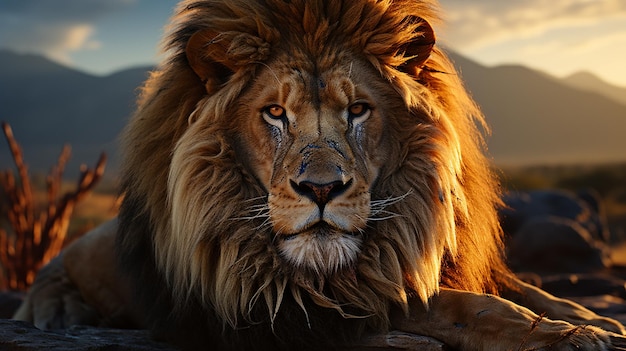 retrato de león en el fondo del atardecer