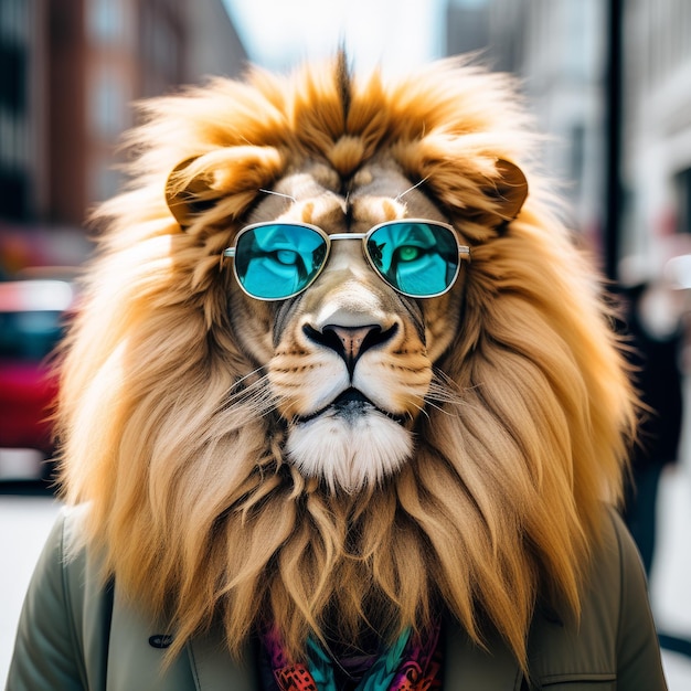 retrato de un león con gafas de sol retrato de una leona con gachas de sol