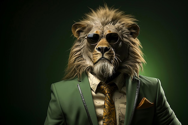 Retrato de león con gafas de sol con traje y corbata en un fondo verde sólido IA generativa