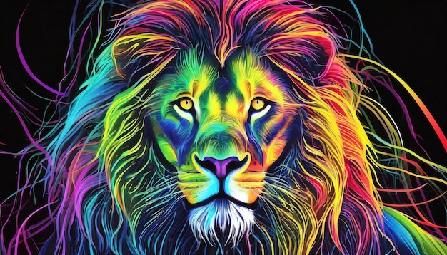 Foto retrato de león en líneas de arco iris de estilo neón ultrabrillante animal salvaje arte gráfico abstracto