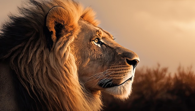 Retrato de un león a la luz del sol de la mañana en la sabana africana Vista lateral IA generativa