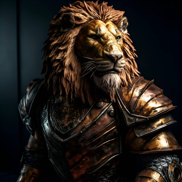 Retrato de un león macho con armadura en un fondo oscuro