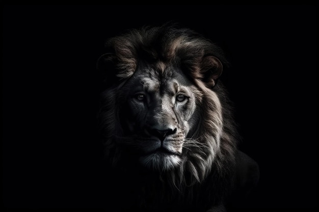 Retrato de león macho longmaned sobre fondo negro Foto de estudio