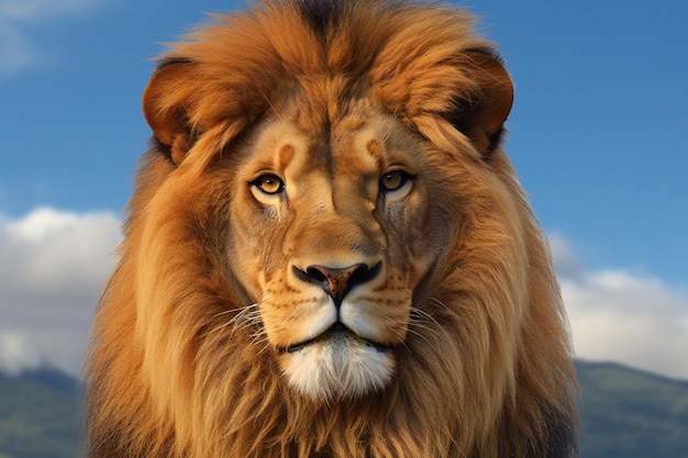 Retrato de un león macho sobre un fondo de cielo azul