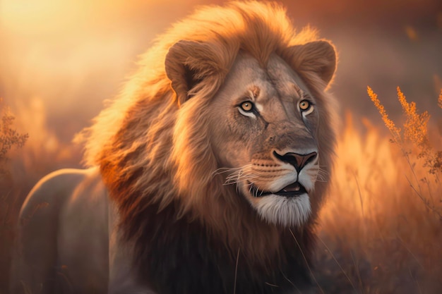 Retrato de un león majestuoso a la luz del sol en la sabana