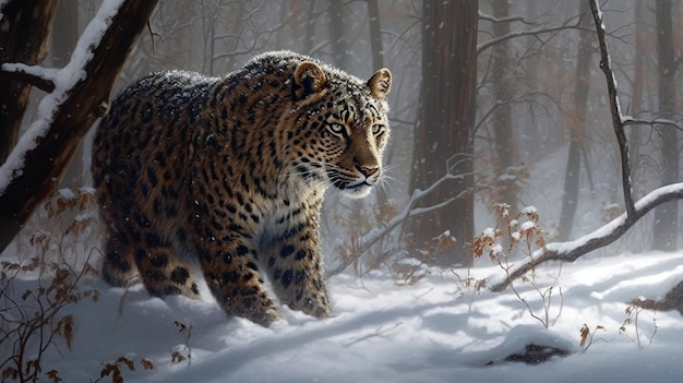 Retrato de un leopardo de Amur, un leopardo de Amur solitario caminando penosamente a través de la nieve profunda IA generativa