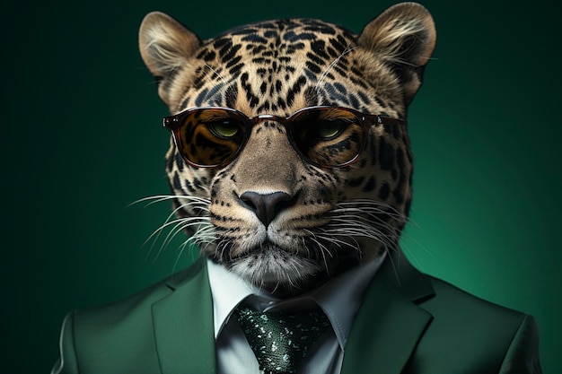 Retrato de leopardo con gafas de sol con traje y corbata en un fondo verde sólido IA generativa