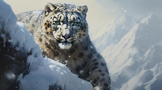 Retrato de leopardo de nieve de cerca en un paisaje montañoso