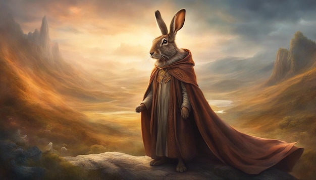 Retrato de liebre Conejo científico de fantasía sobre un fondo de paisaje místico Iluminación espectacular