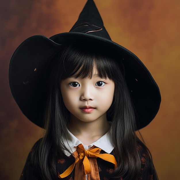 retrato de una linda chica asiática con un sombrero de bruja negro