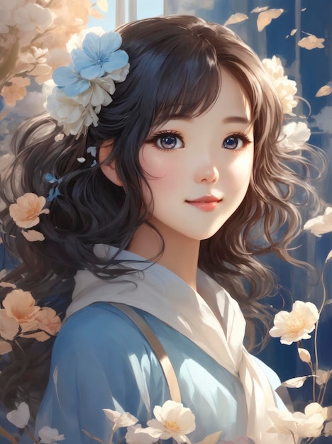 Retrato de una linda chica coreana estilo anime